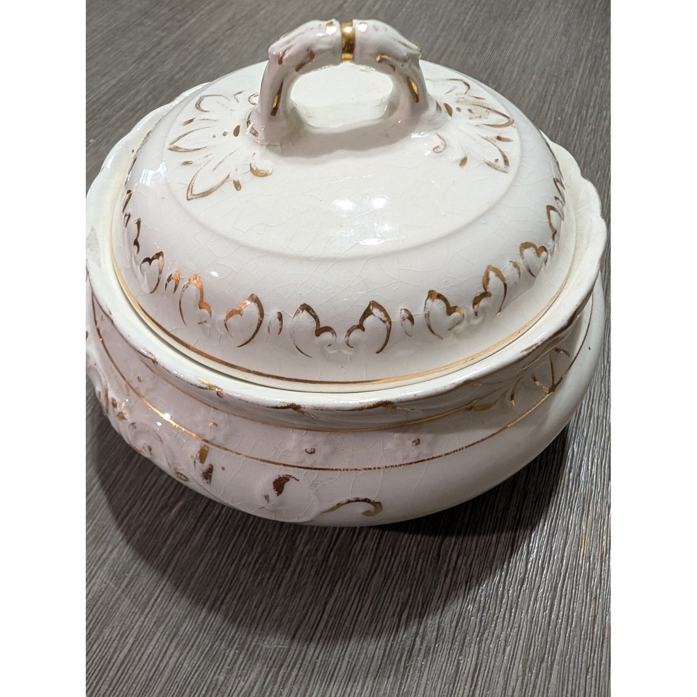 Vintage Covered Porcelain Soap Dish White Gold Gilt Floral Crackle Glaze Vanity